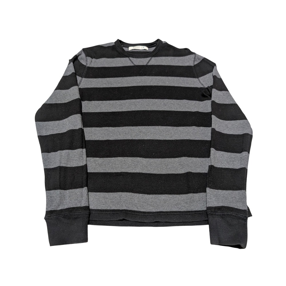 Old Navy Thermal Shirt Mens M Black Grey Striped Waffle Knit Long Sleeve Crew